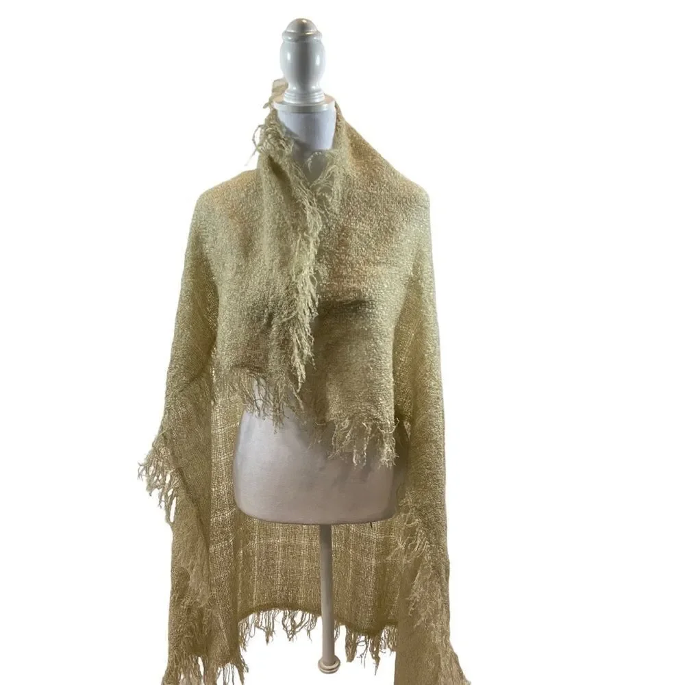 Vintage Off White Woven or Knit Square Fringe Hem‎ Scarf Wrap
